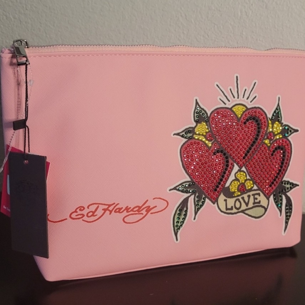 Ed Hardy Black Cosmetic Bag with  Heart Design